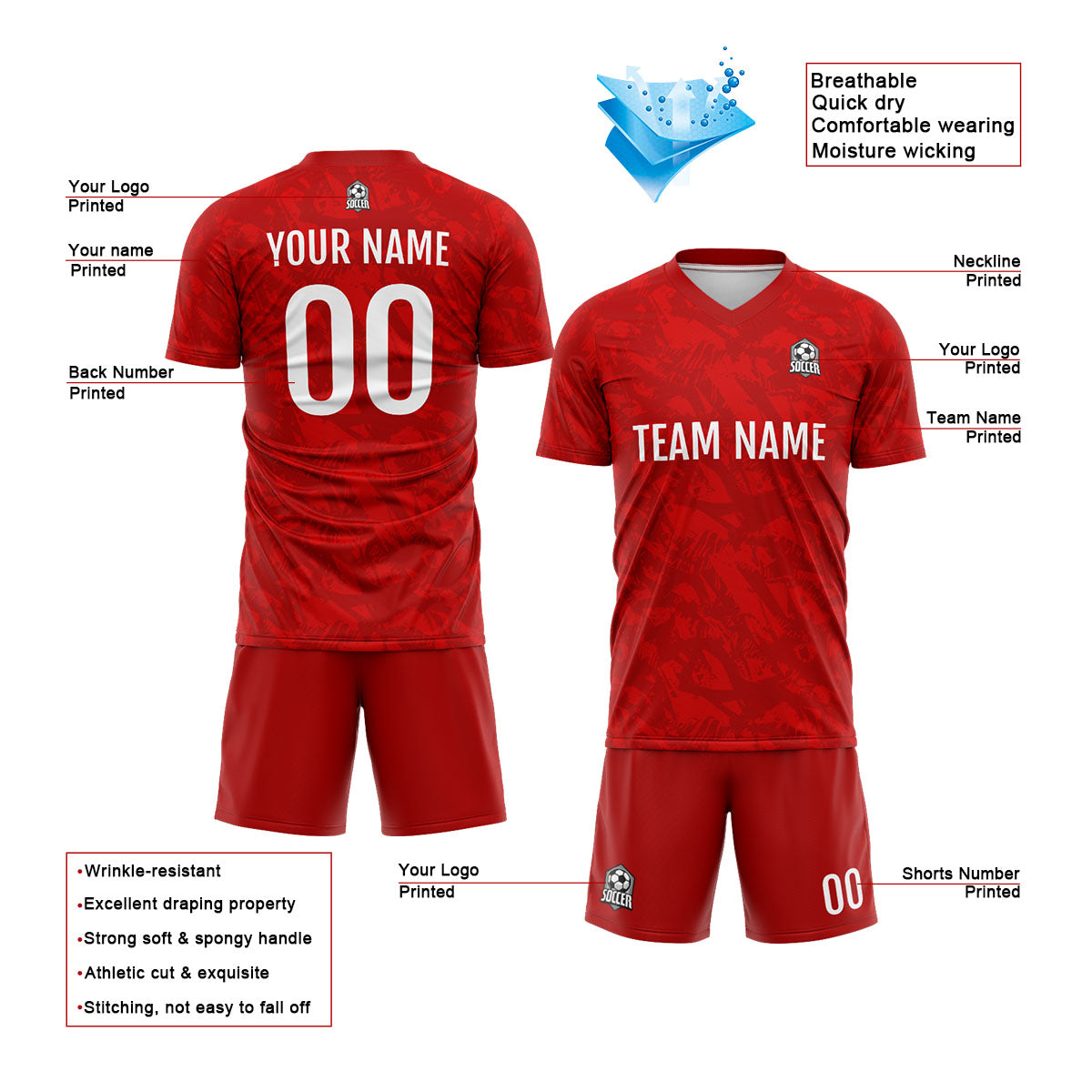 Custom Red Soccer Jerseys for Men Women Personalized Soccer Uniforms for Adult and Kid enthsush