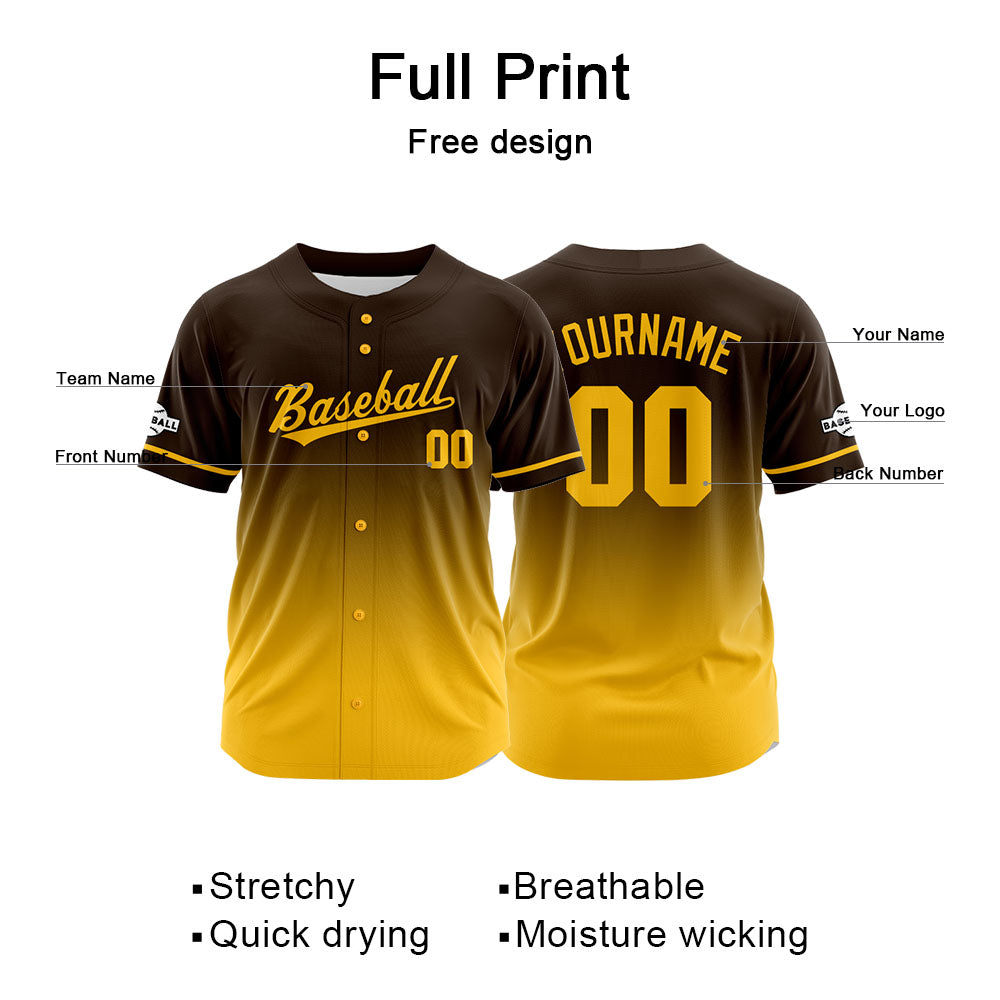 Custom Full Print Design Authentic Baseball Jersey yellow-brown enthsush