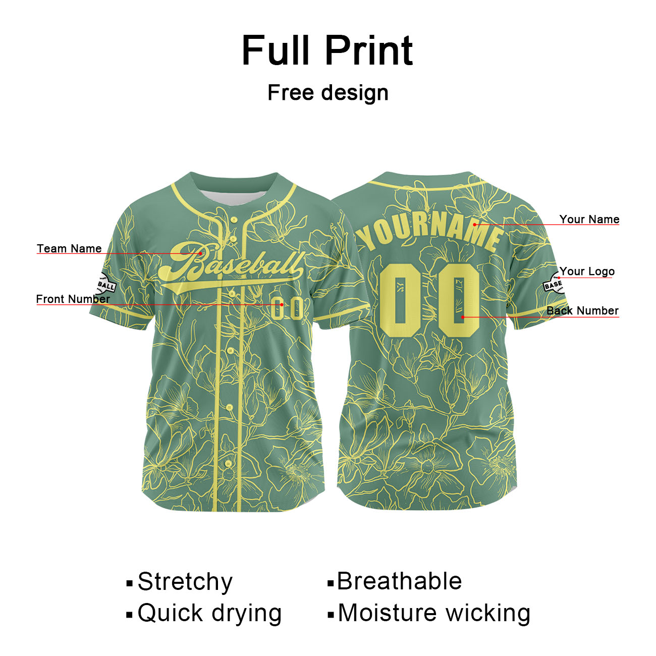 Custom Green Yellow Jersey Personalized Baseball Shirt for Men Women Kids Youth enthsush