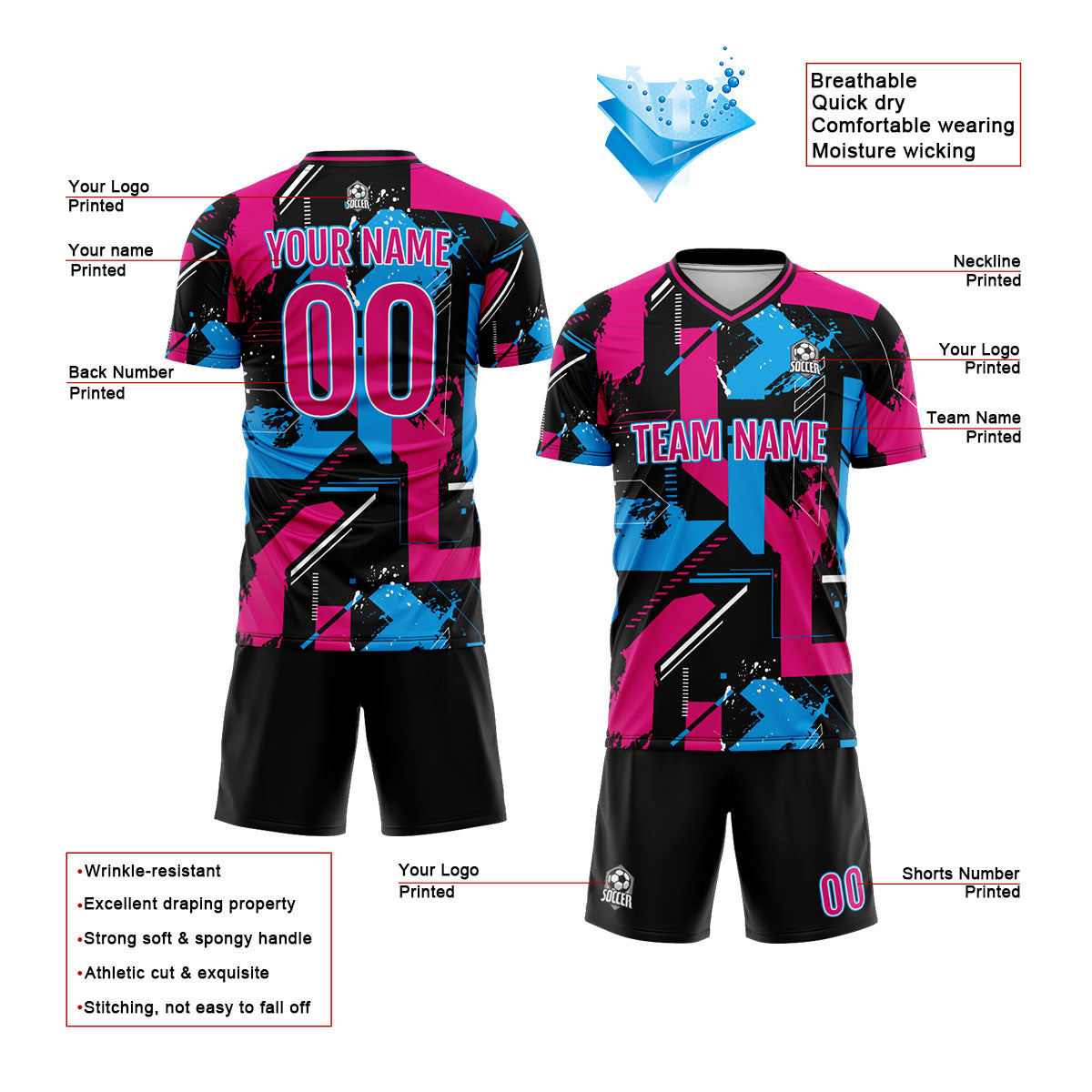 Custom Pink Light Blue Soccer Jerseys for Men Women Personalized Soccer Uniforms for Adult and Kid enthsush