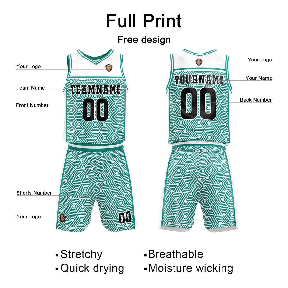 Custom White Teal Basketball Jersey Uniform Suit Printed Your Logo Name Number enthsush