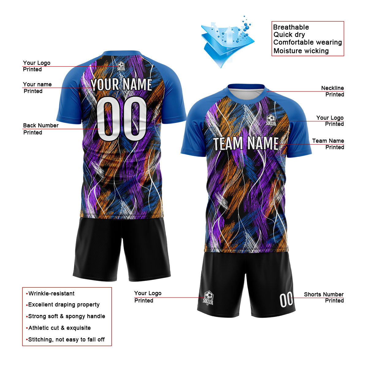Custom Black Blue Soccer Jerseys for Men Women Personalized Soccer Uniforms for Adult and Kid enthsush