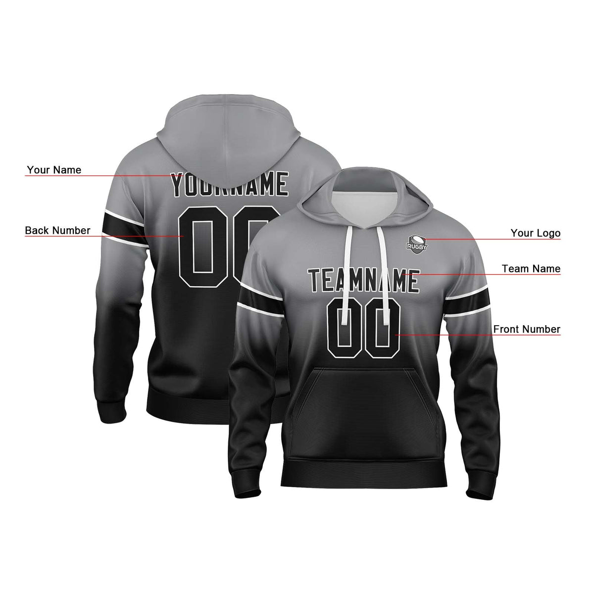 Custom Gradient Sweatshirt Hoodie For Man Woman Girl Boy Print Your Logo Name Number Grey&Black enthsush