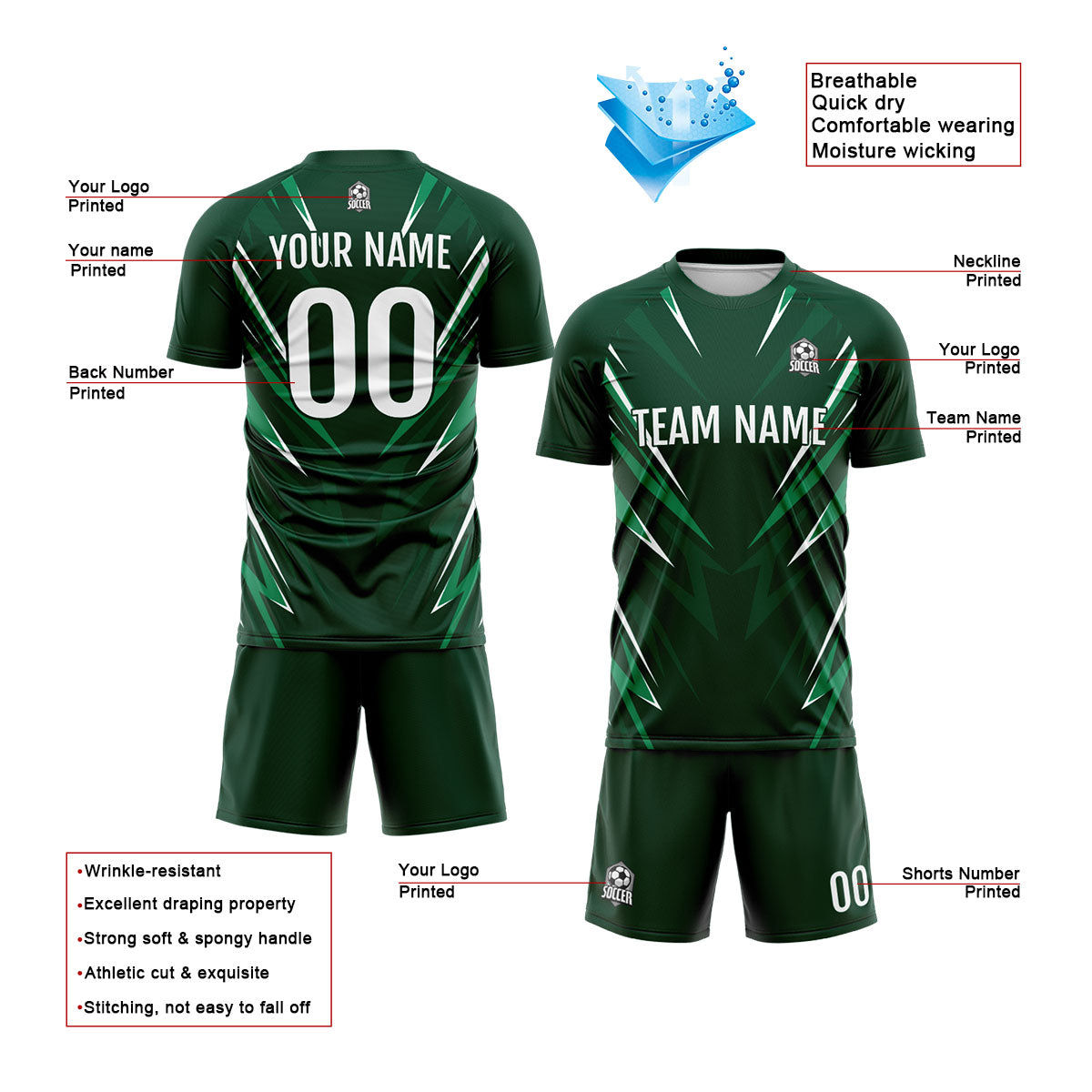 Custom Drak Green Soccer Jerseys for Men Women Personalized Soccer Uniforms for Adult and Kid enthsush