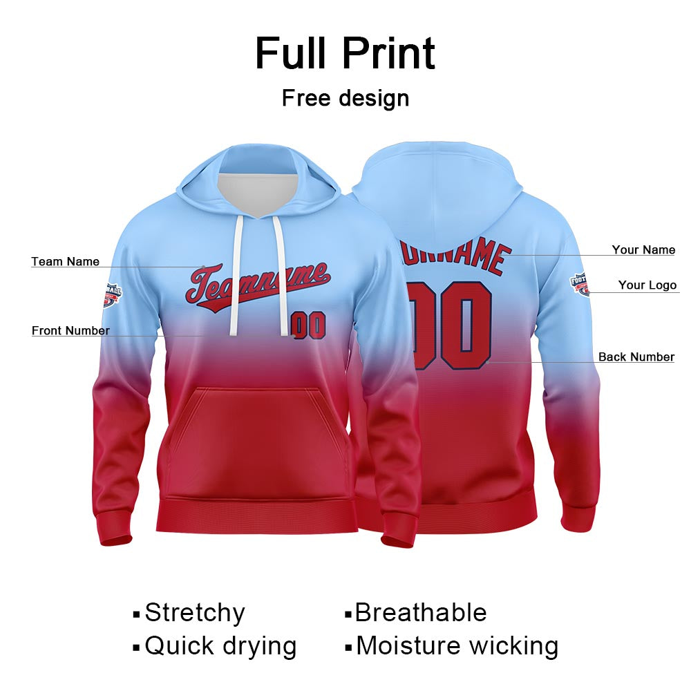 Custom Gradient Hoodie For Man Woman Girl Boy Print Your Logo Name Number Light Blue Red enthsush