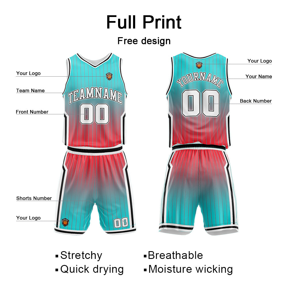 Custom Gradient Teal Light Red Reversible Basketball Suit for Adults and Kids Personalized Jersey enthsush