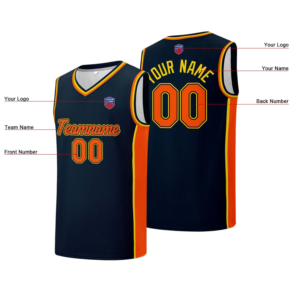 Custom basketball jersey shorts for men and women. Embroidered and printed name, number and logo Navy enthsush