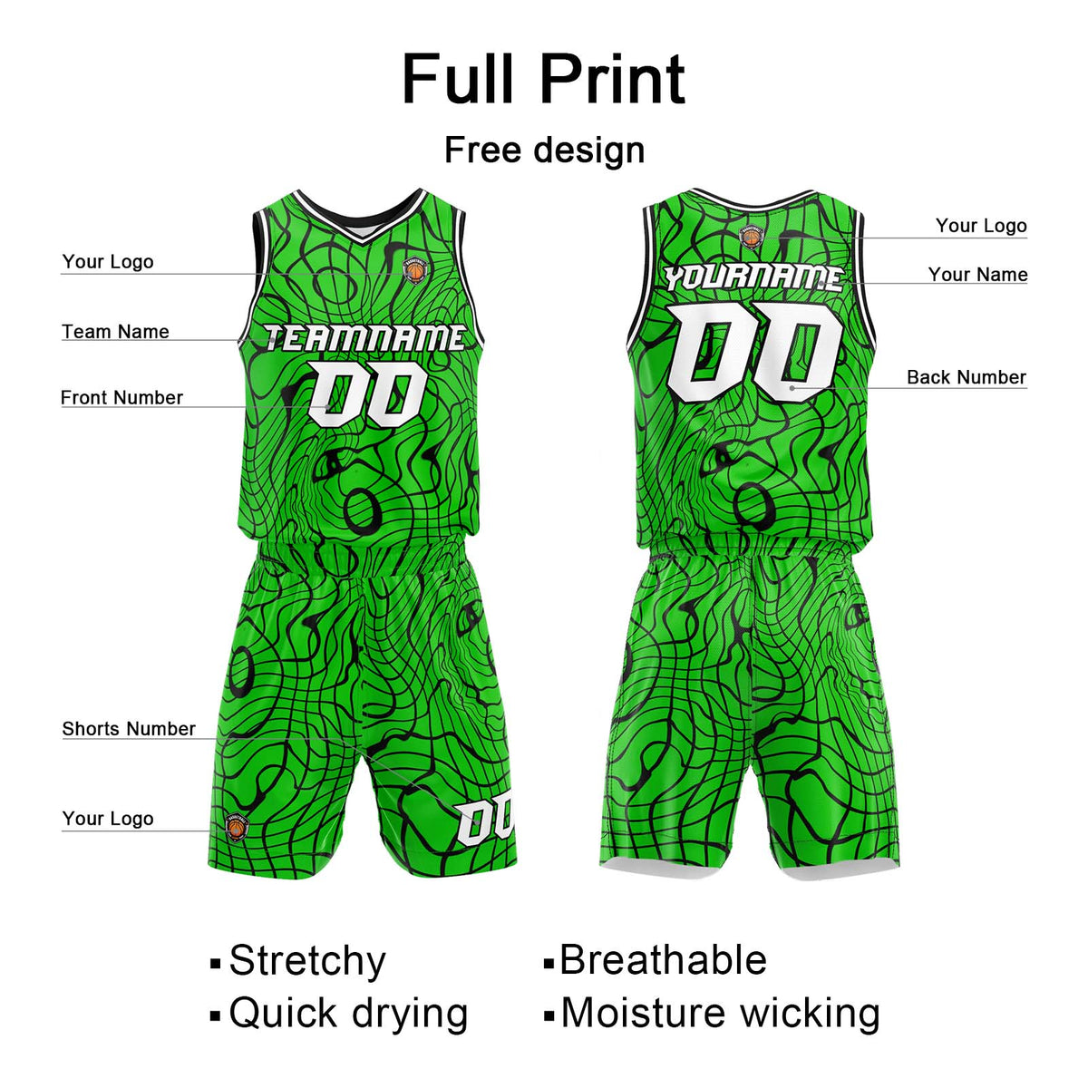Custom Green Basketball Jersey Uniform Suit Printed Your Logo Name Number enthsush