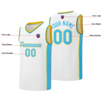 Custom basketball jersey shorts for men and women. Embroidered and printed name, number and logo White&Light Blue enthsush