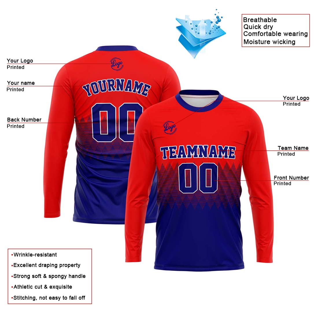 Custom Basketball Soccer Football Shooting Long T-Shirt for Adults and Kids Red&Royal enthsush