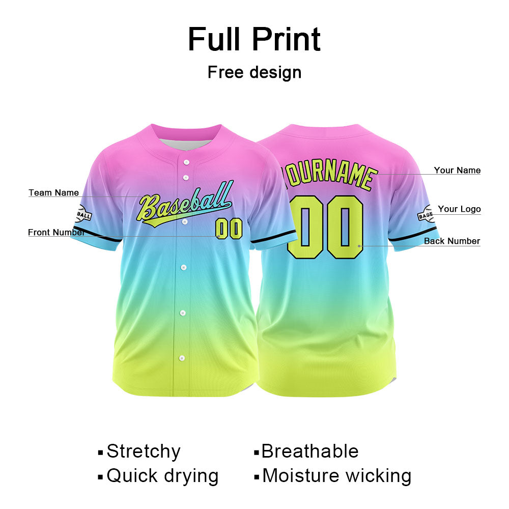 Custom Full Print Design Authentic Baseball Jersey yellow-light blue-pink purple enthsush