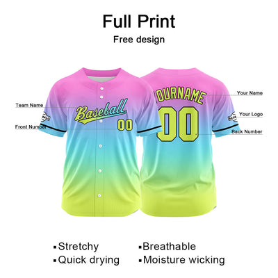 Custom Full Print Design Authentic Baseball Jersey yellow-light blue-pink purple enthsush