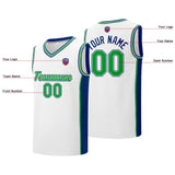 Custom basketball jersey shorts for men and women. Embroidered and printed name, number and logo White&Royal&Green