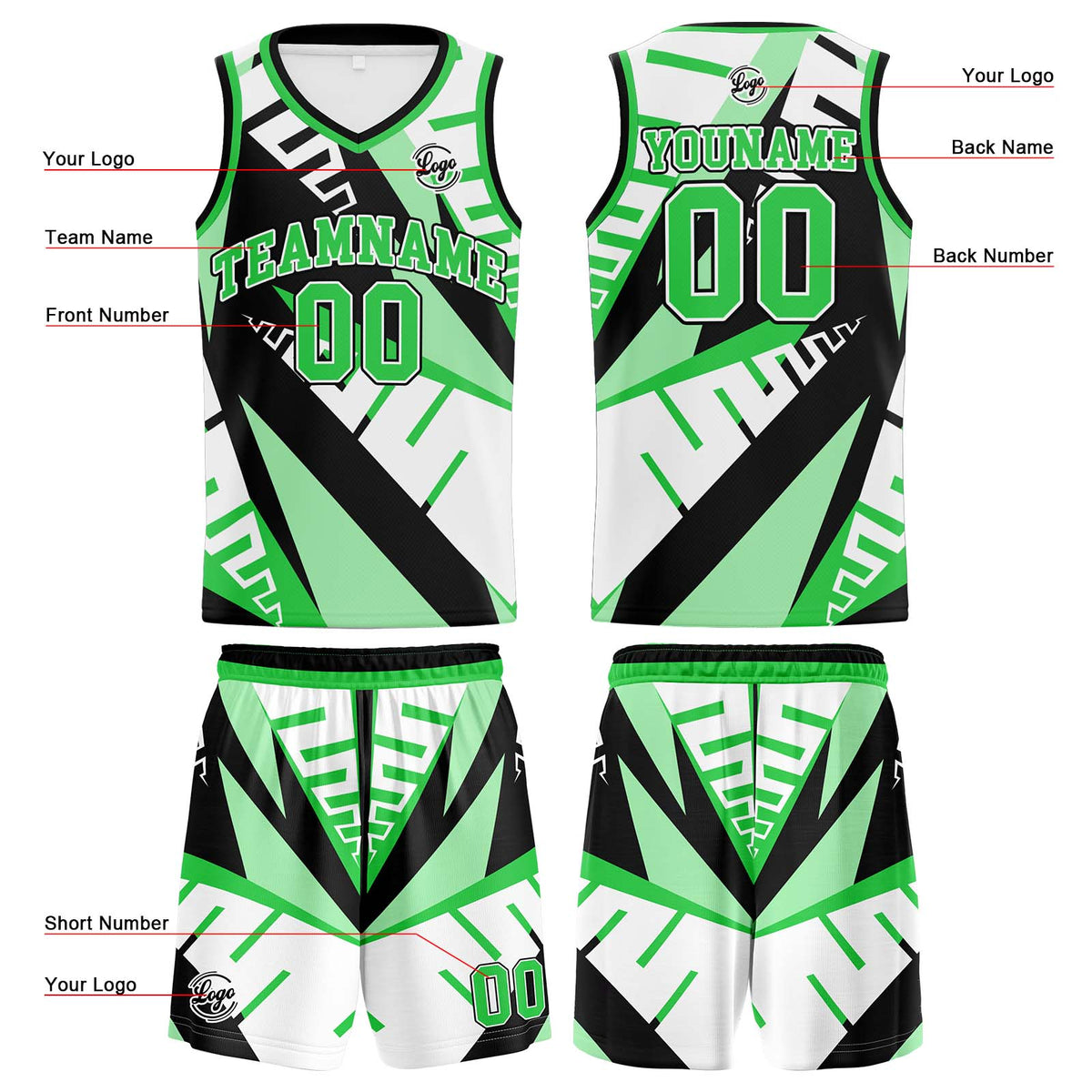 Custom White Black Green Basketball Jersey Uniform Suit Printed Your Logo Name Number enthsush