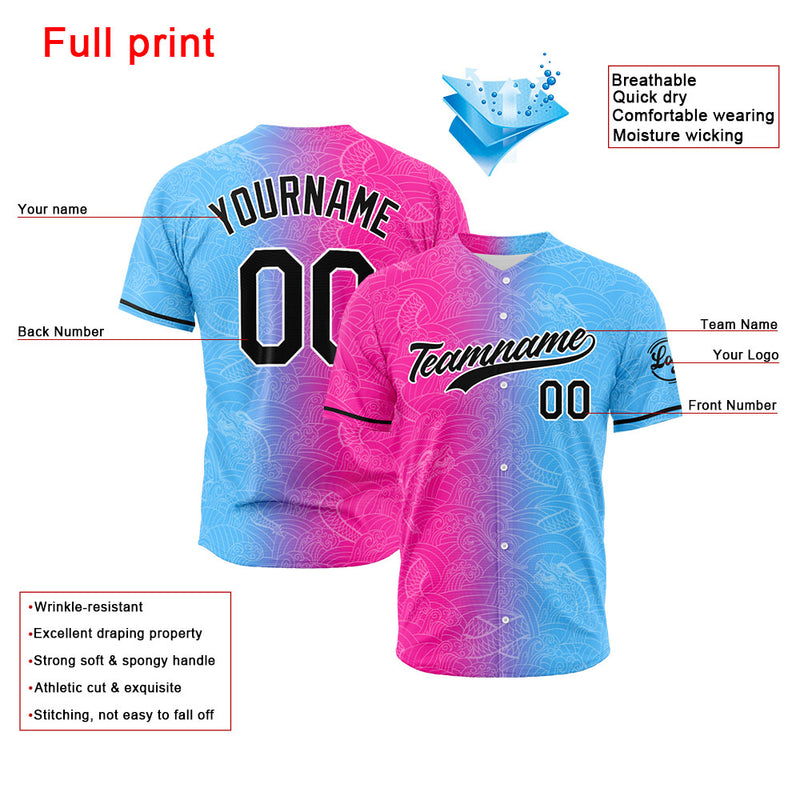 Custom Full Print Design Authentic Baseball Jersey Hot Pink-Light Blue