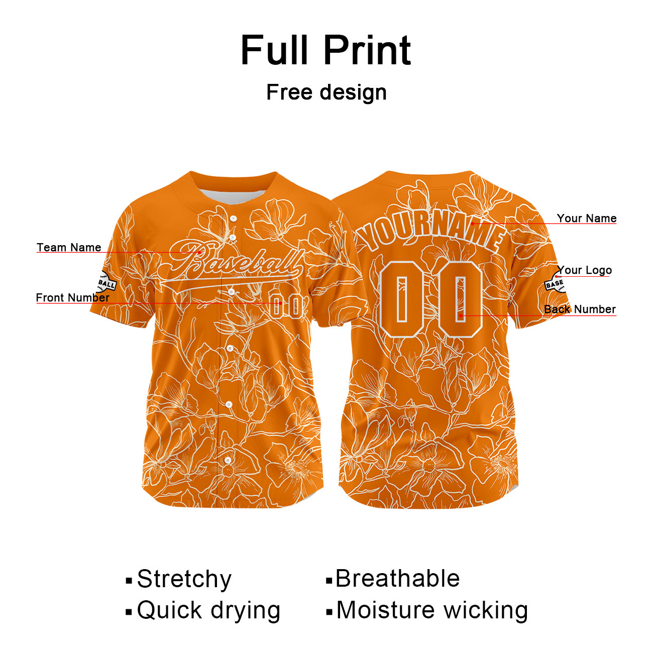 Custom Orange Jersey Personalized Baseball Shirt for Men Women Kids Youth enthsush