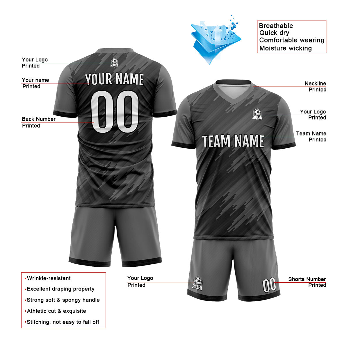 Custom Grey Soccer Jerseys for Men Women Personalized Soccer Uniforms for Adult and Kid enthsush