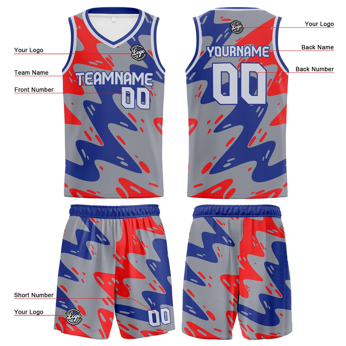 Custom Grey Blue Red Reversible Basketball Suit for Adults and Kids Personalized Jersey enthsush