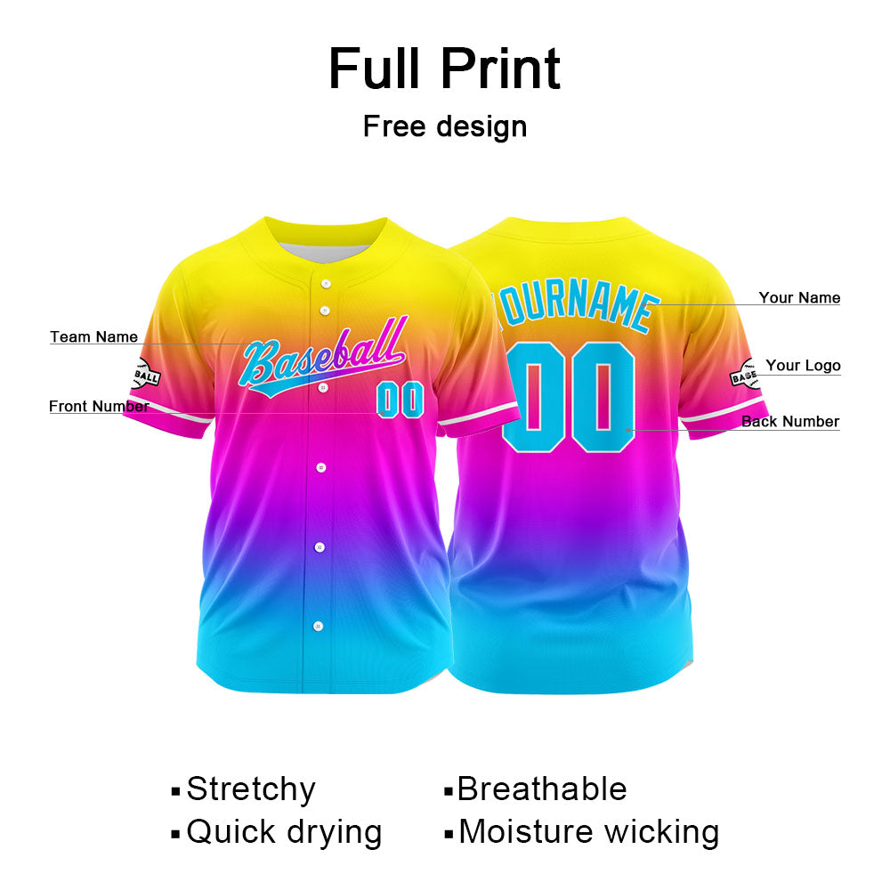 Custom Full Print Design Authentic Baseball Jersey light blue-purple-yellow enthsush