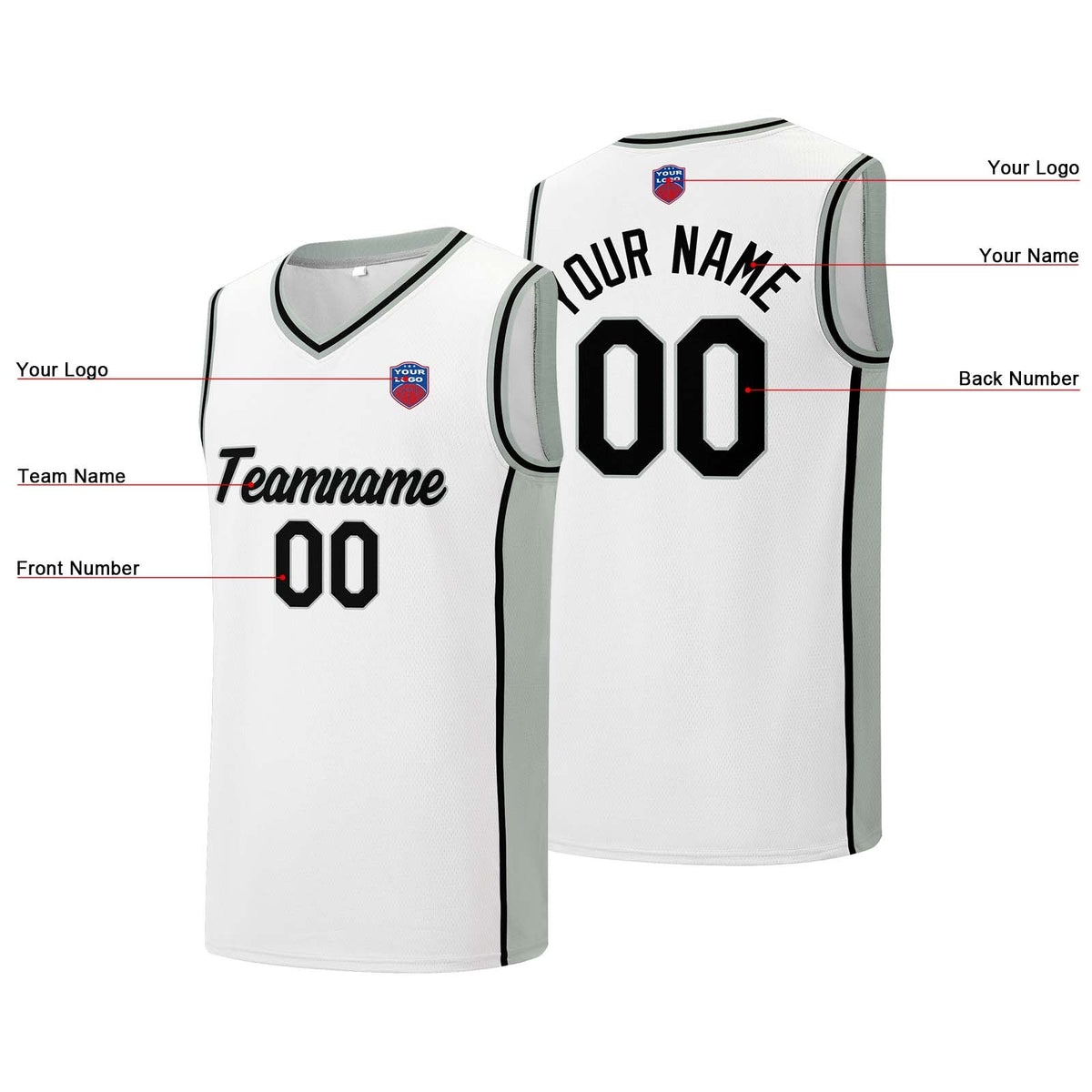 Custom basketball jersey shorts for men and women. Embroidered and printed name, number and logo White&Grey enthsush