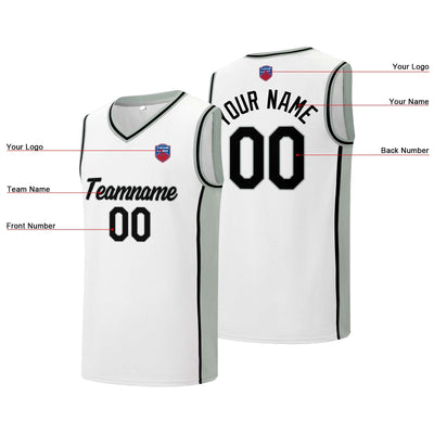 Custom basketball jersey shorts for men and women. Embroidered and printed name, number and logo White&Grey enthsush