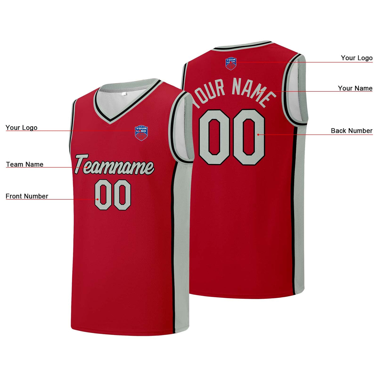 Custom basketball jersey shorts for men and women. Embroidered and printed name, number and logo Red&Grey enthsush