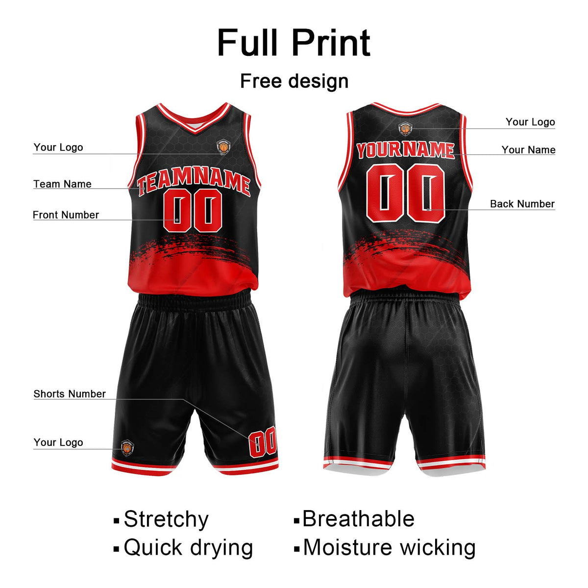 Custom Black Red Basketball Jersey Uniform Suit Printed Your Logo Name Number enthsush