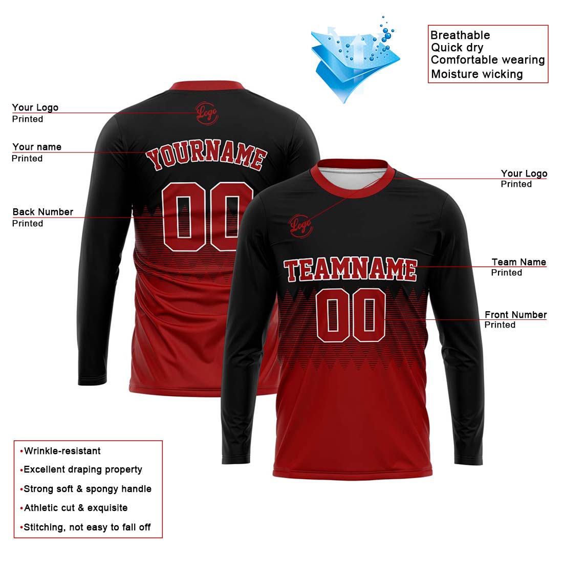 Custom Basketball Soccer Football Shooting Long T-Shirt for Adults and Kids Black&Red enthsush