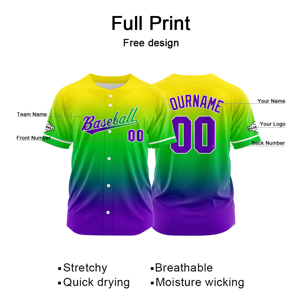 Custom Full Print Design Authentic Baseball Jersey purple-green-yellow enthsush