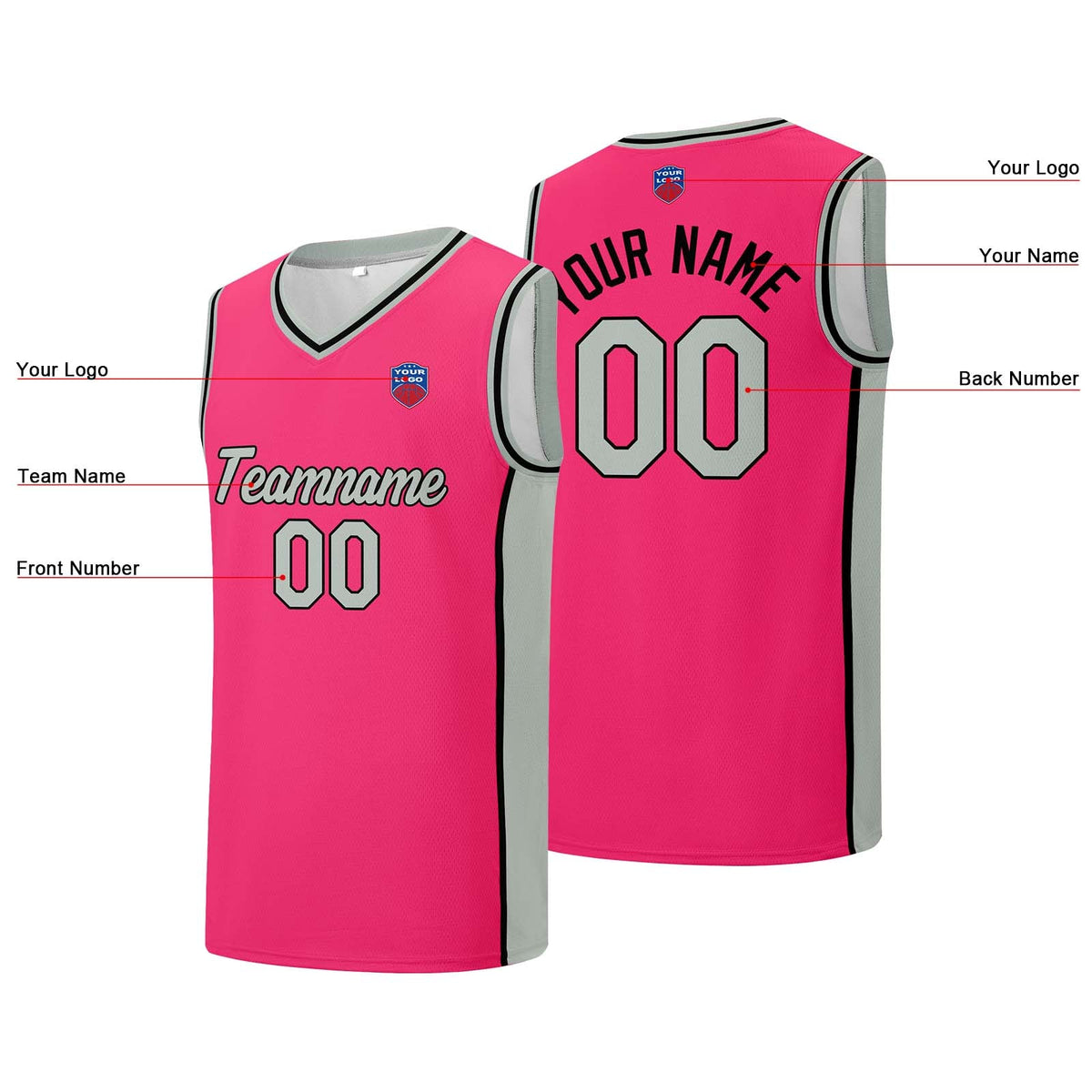 Custom basketball jersey shorts for men and women. Embroidered and printed name, number and logo Pink enthsush