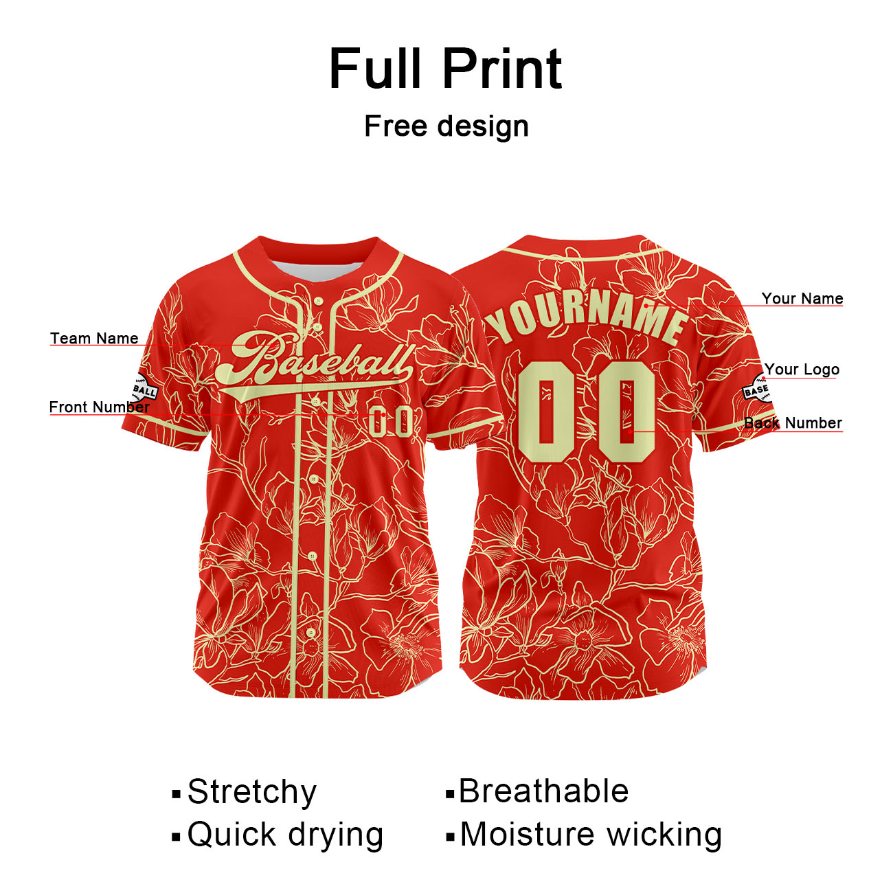 Custom Red Yellow Jersey Personalized Baseball Shirt for Men Women Kids Youth enthsush