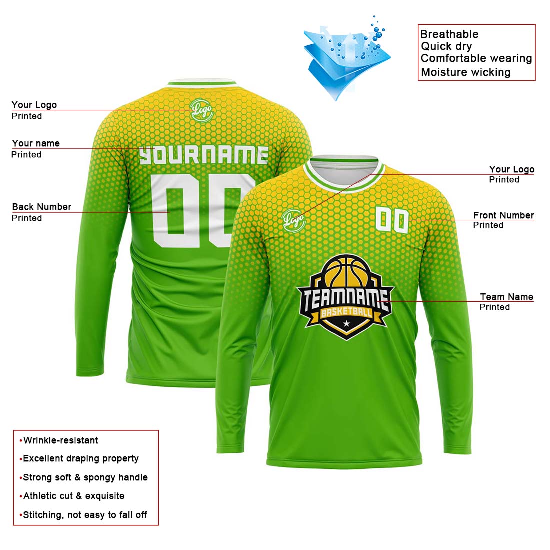 Custom Basketball Soccer Football Shooting Long T-Shirt for Adults and Kids Yellow&Green enthsush