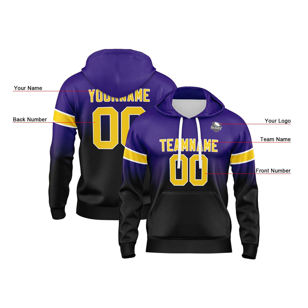 Custom Gradient Hoodie For Man Woman Girl Boy Print Your Logo Name Number Purple&Black enthsush