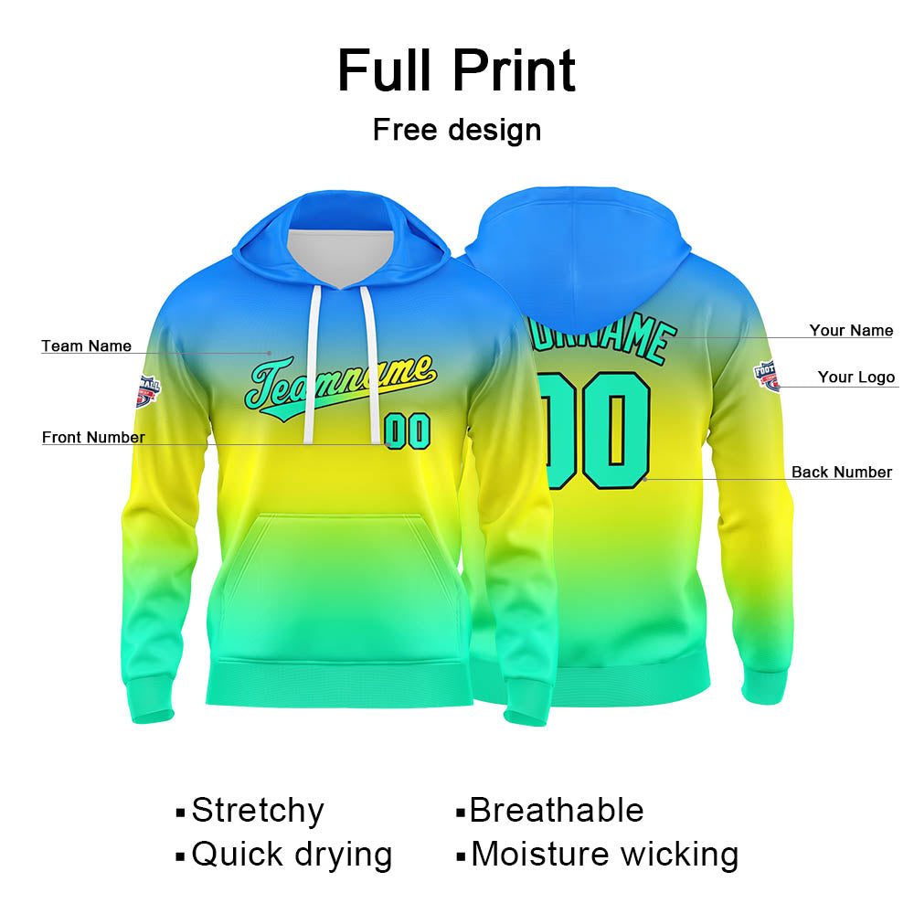 Custom Gradient Hoodie For Man Woman Girl Boy Print Your Logo Name Number Blue Yellow Green enthsush