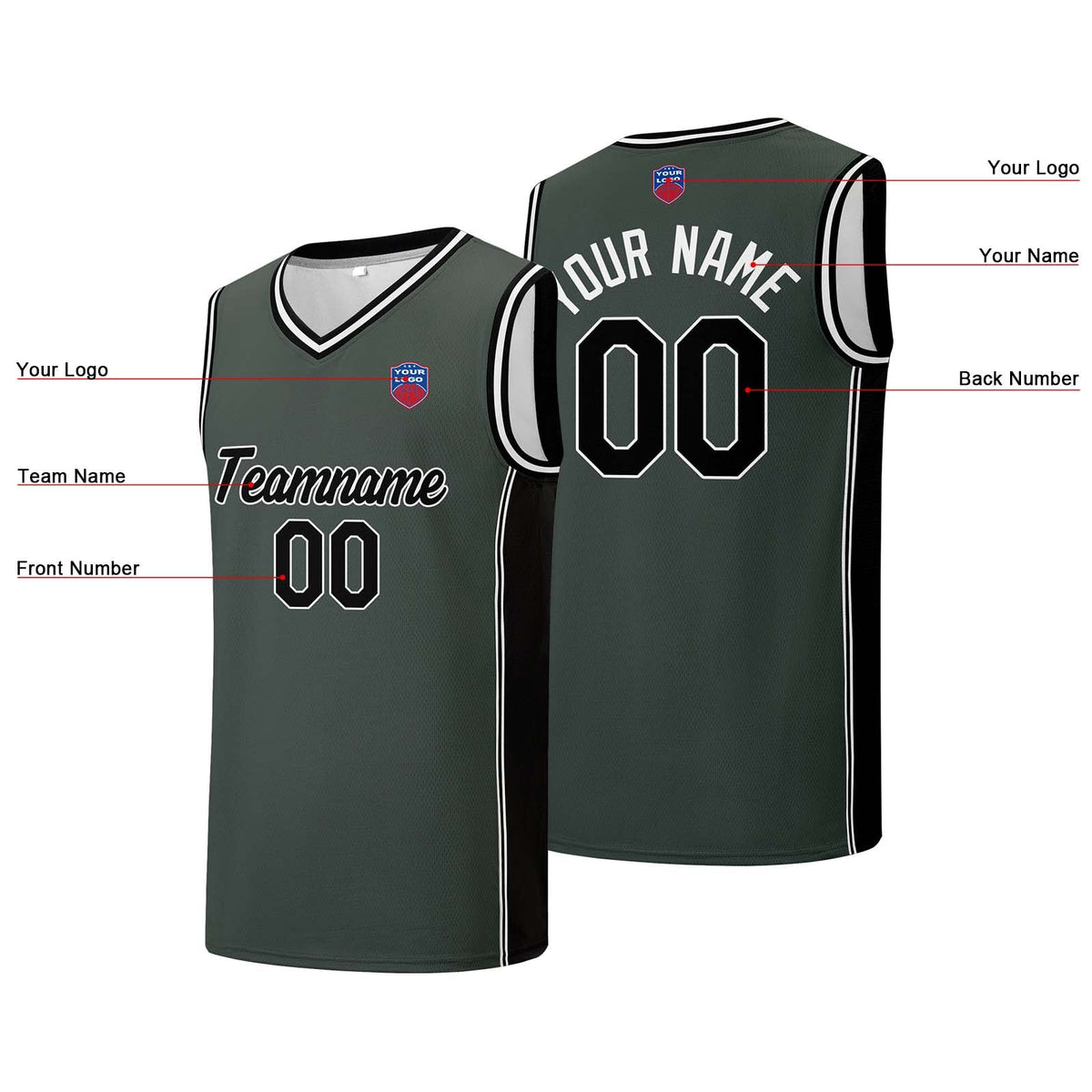 Custom basketball jersey shorts for men and women. Embroidered and printed name, number and logo Grey&Black enthsush