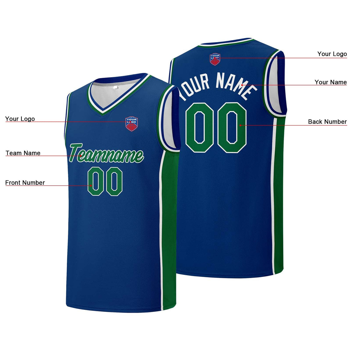 Custom basketball jersey shorts for men and women. Embroidered and printed name, number and logo Blue enthsush