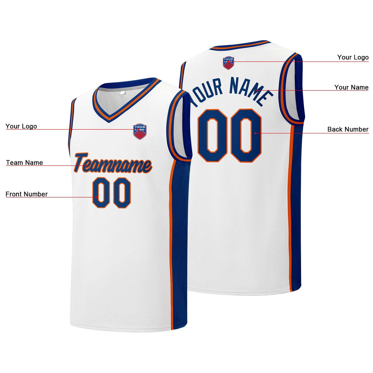 Custom basketball jersey shorts for men and women. Embroidered and printed name, number and logo White enthsush