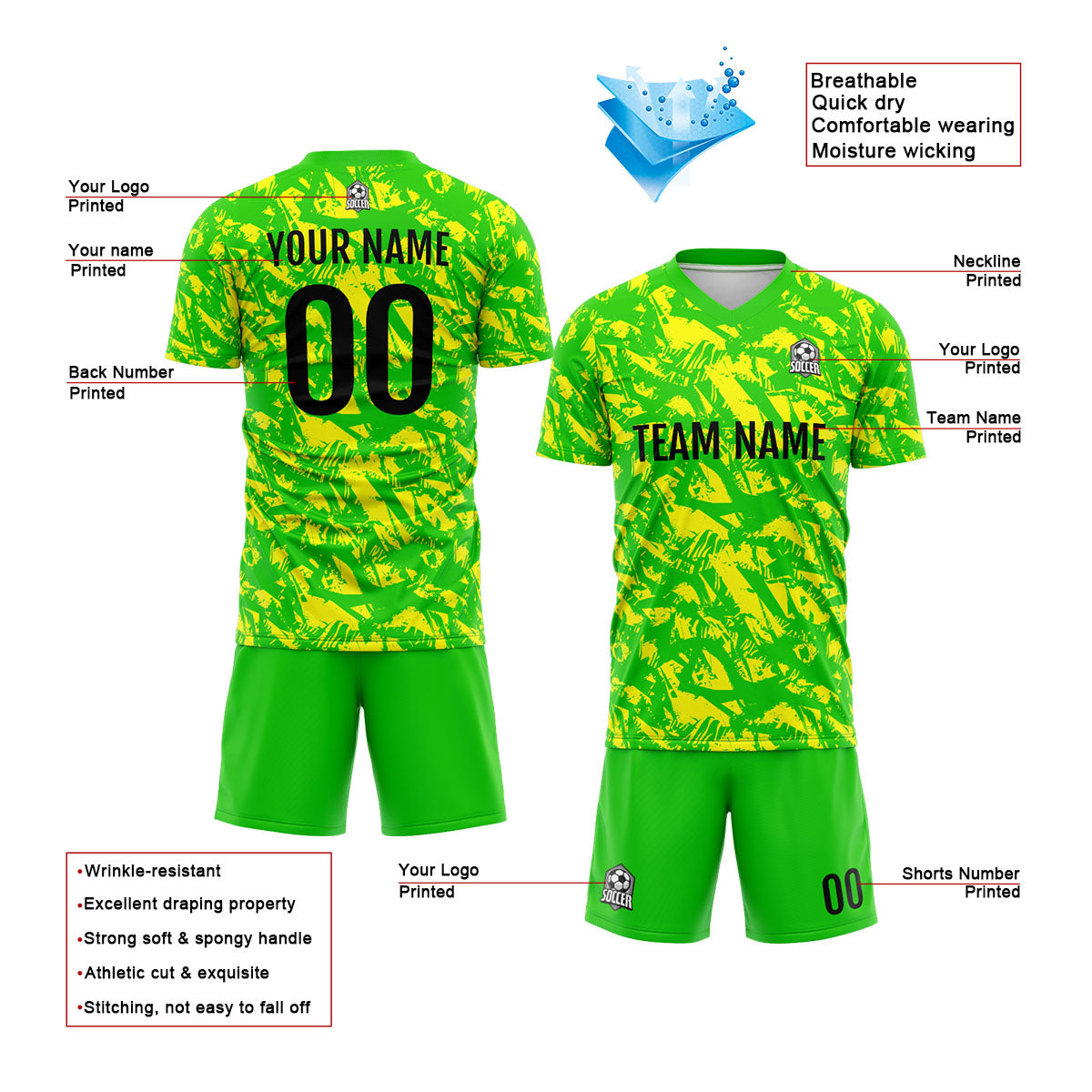 Custom Green Yellow Soccer Jerseys for Men Women Personalized Soccer Uniforms for Adult and Kid enthsush