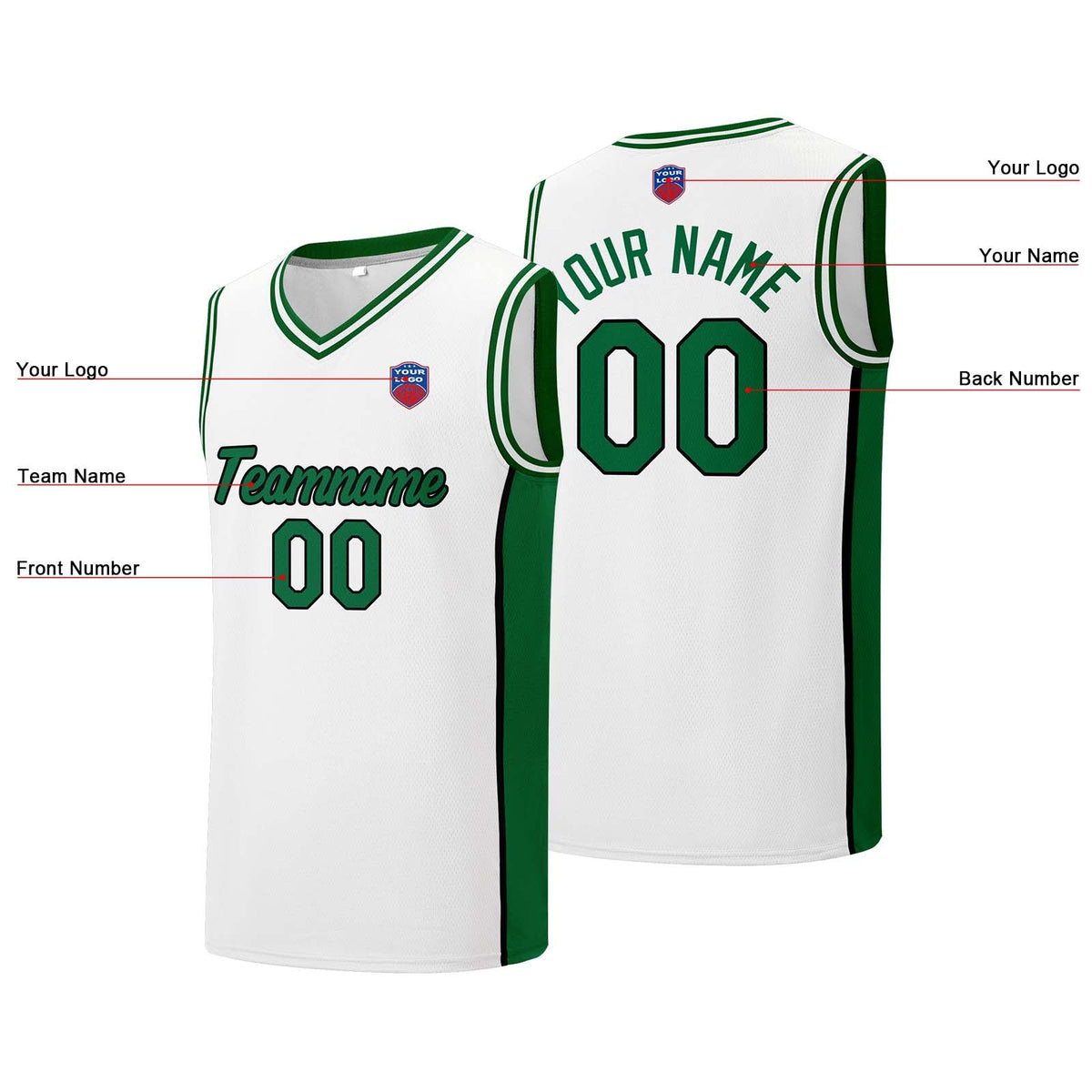 Custom basketball jersey shorts for men and women. Embroidered and printed name, number and logo White&Green enthsush