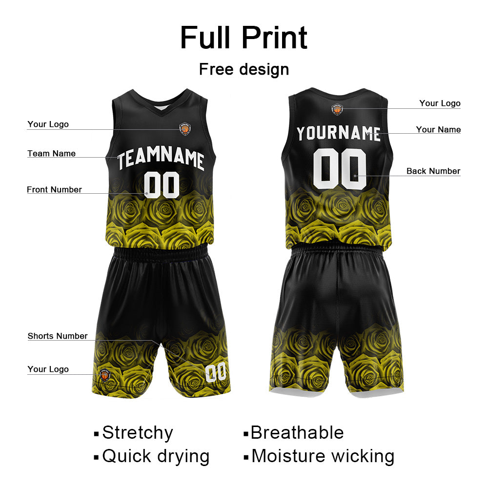 Custom Rose Yellow Reversible Basketball Suit for Adults and Kids Personalized Jersey enthsush