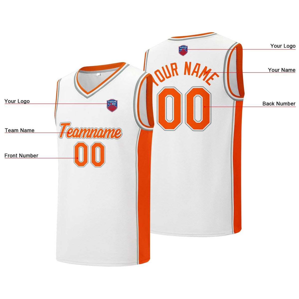 Custom basketball jersey shorts for men and women. Embroidered and printed name, number and logo White enthsush