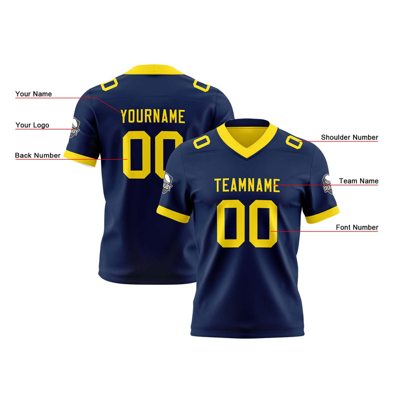 Custom Navy Yellow Reversible Gradient Football Jersey Personalized Football Shirts for Men Women  Printed Team Name Number Logo