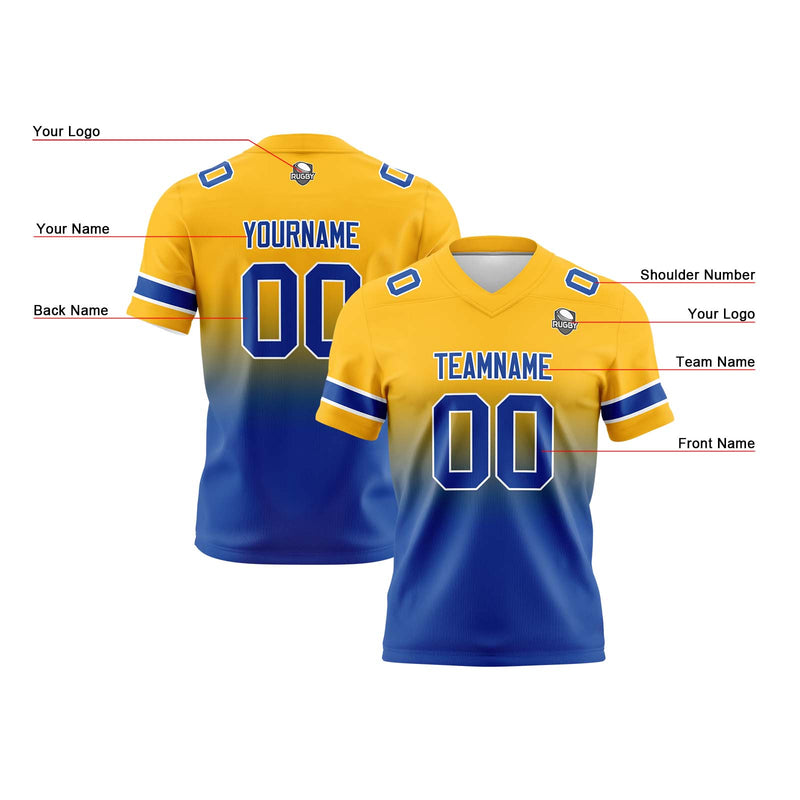 Custom Yellow Blue Reversible Gradient Football Jersey Personalized Football Shirts for Men Women  Printed Team Name Number Logo