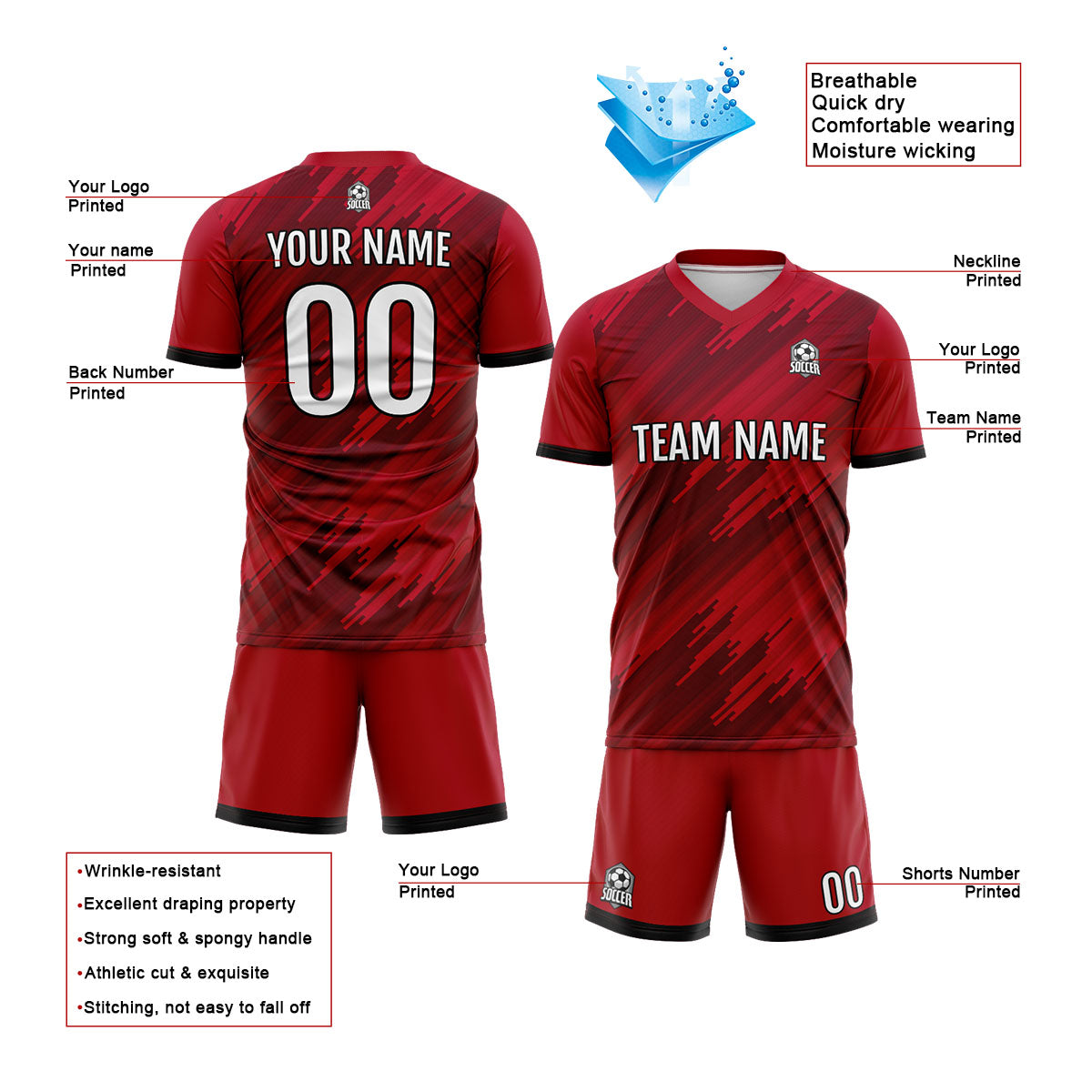 Custom Red Soccer Jerseys for Men Women Personalized Soccer Uniforms for Adult and Kid enthsush