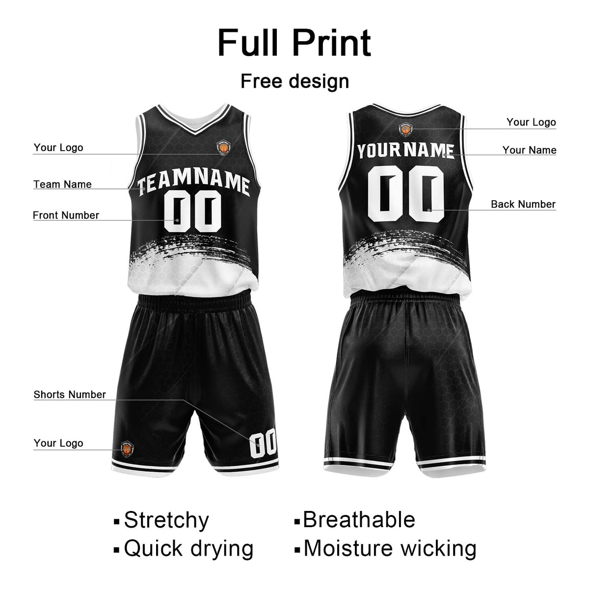 Custom Black White Basketball Jersey Uniform Suit Printed Your Logo Name Number enthsush