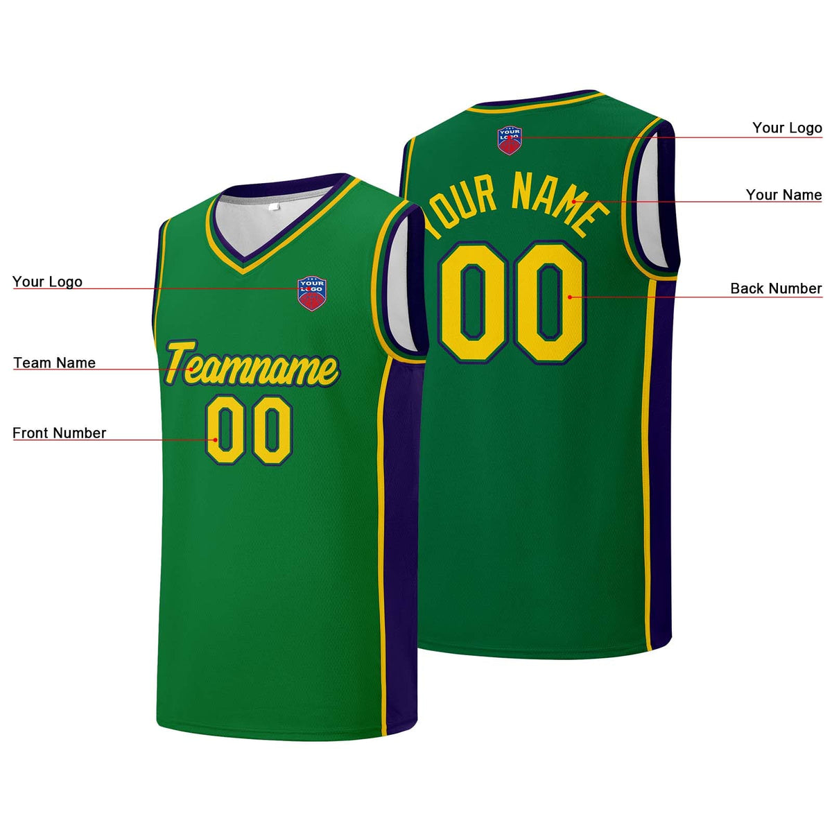 Custom basketball jersey shorts for men and women. Embroidered and printed name, number and logo Green enthsush
