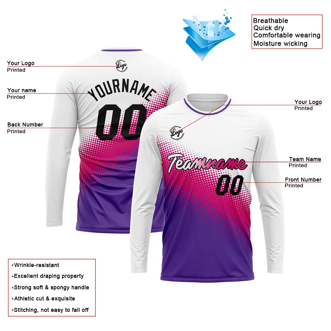 Custom Basketball Soccer Football Shooting Long T-Shirt for Adults and Kids White&Purple enthsush