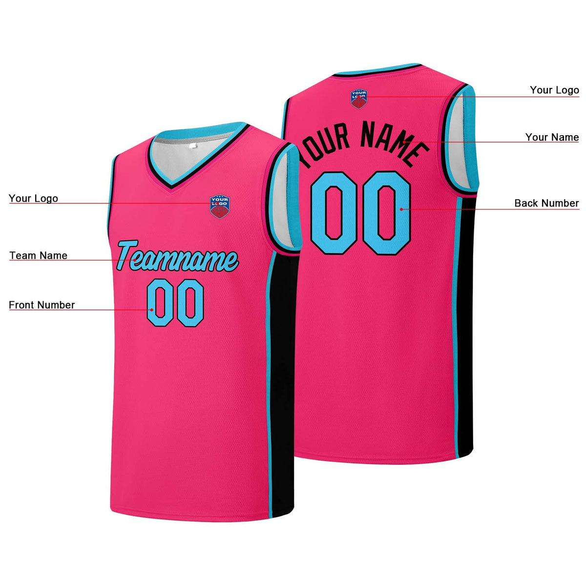 Custom basketball jersey shorts for men and women. Embroidered and printed name, number and logo Pink&Black&Light Blue enthsush