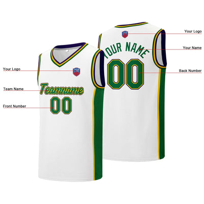 Custom basketball jersey shorts for men and women. Embroidered and printed name, number and logo White&Green&Yellow&Purple enthsush
