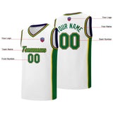 Custom basketball jersey shorts for men and women. Embroidered and printed name, number and logo White&Green&Yellow&Purple